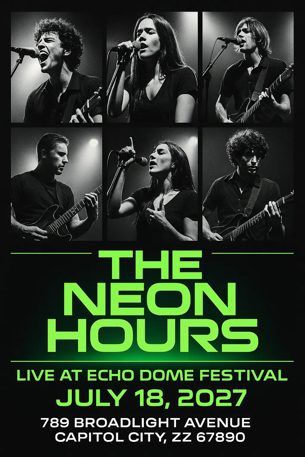 Minimalist black and green Concert Poster template with live artist portraits