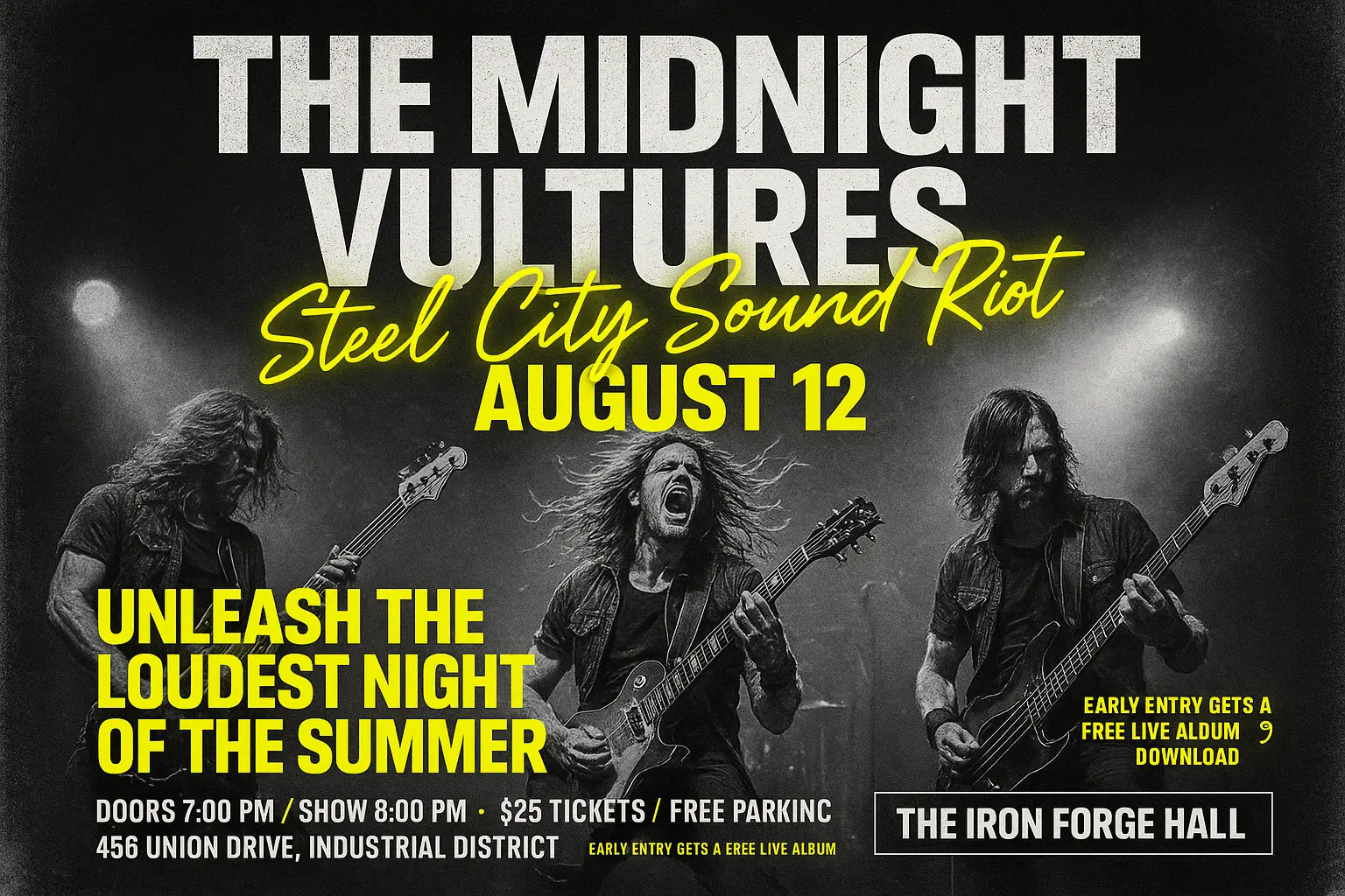 Grayscale Concert Poster template with neon yellow urban rock theme