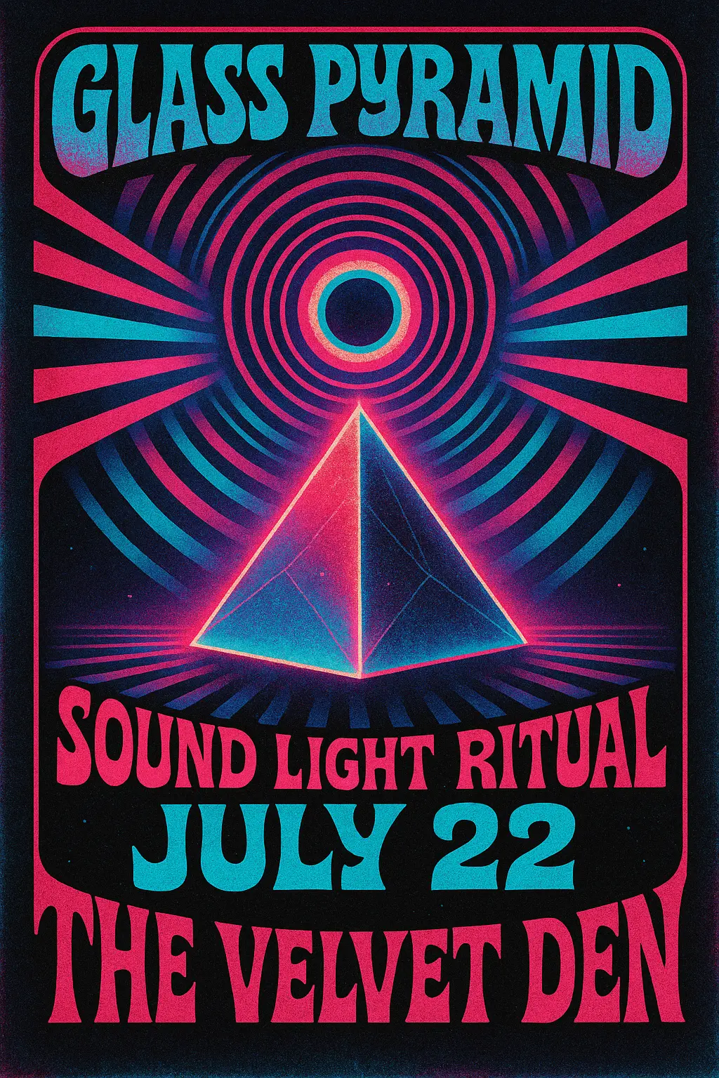 Psychedelic Concert Poster template with glowing pyramid and warped text