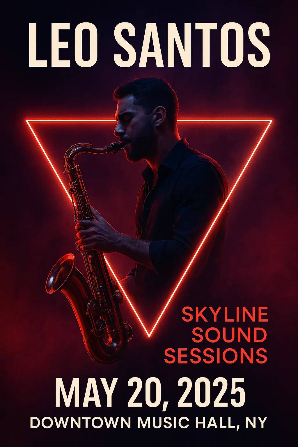 Neon jazz Concert Poster template with saxophonist and glowing triangles