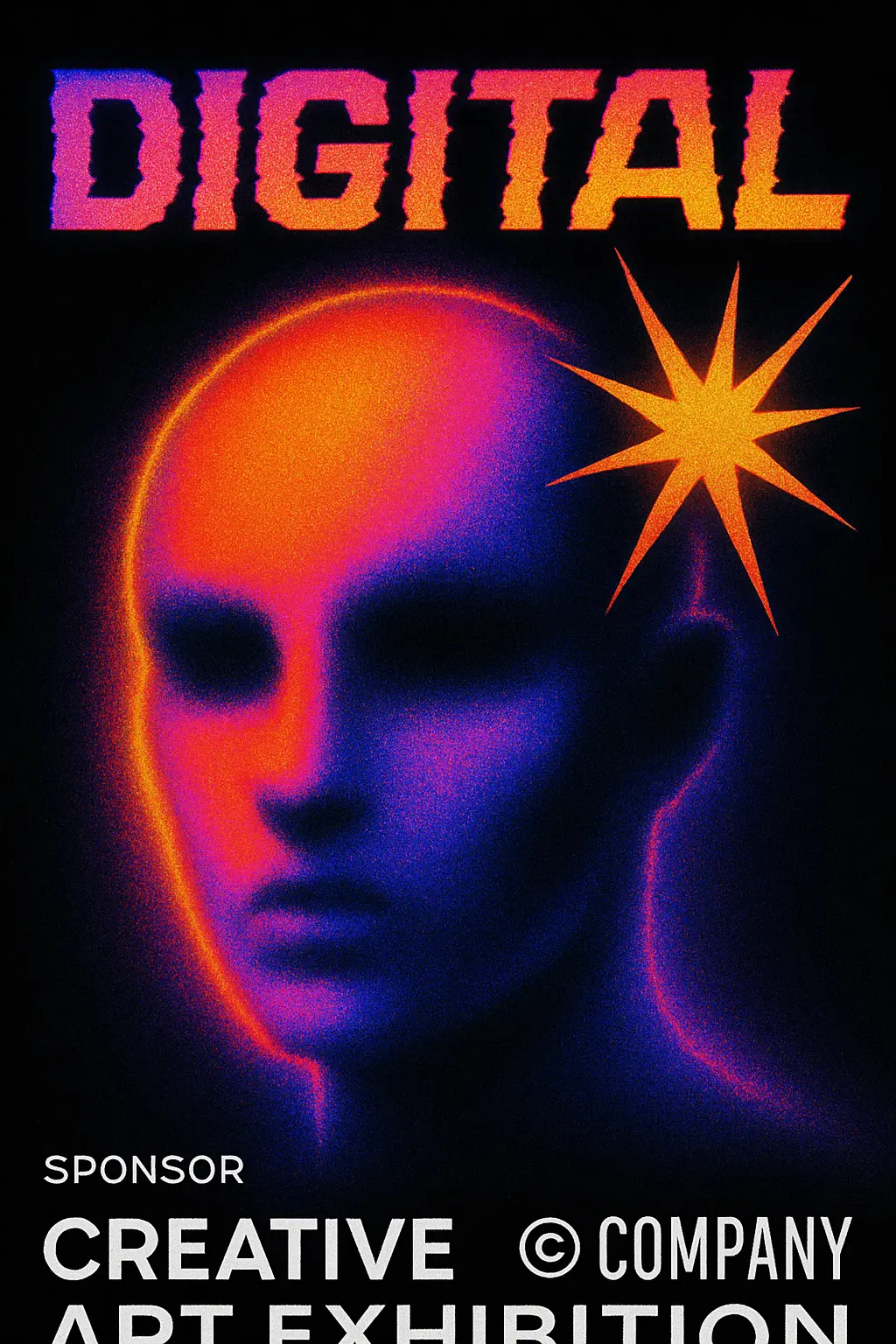 Cool Poster template with vibrant neon gradient, pixelated font, and digital face