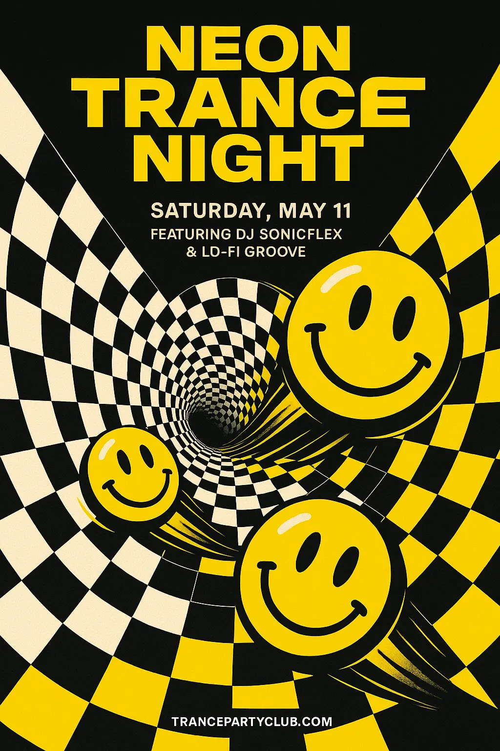 Cool Poster template with 3D smiley faces and checkered tunnel