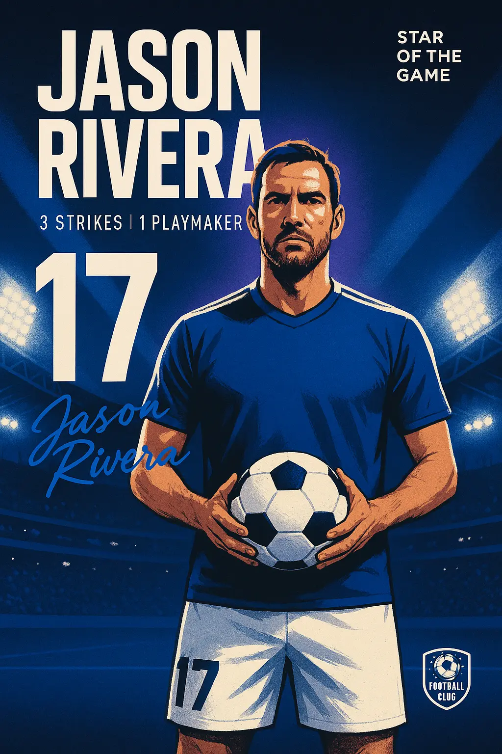 Cool Poster template of soccer player in stadium with bold text