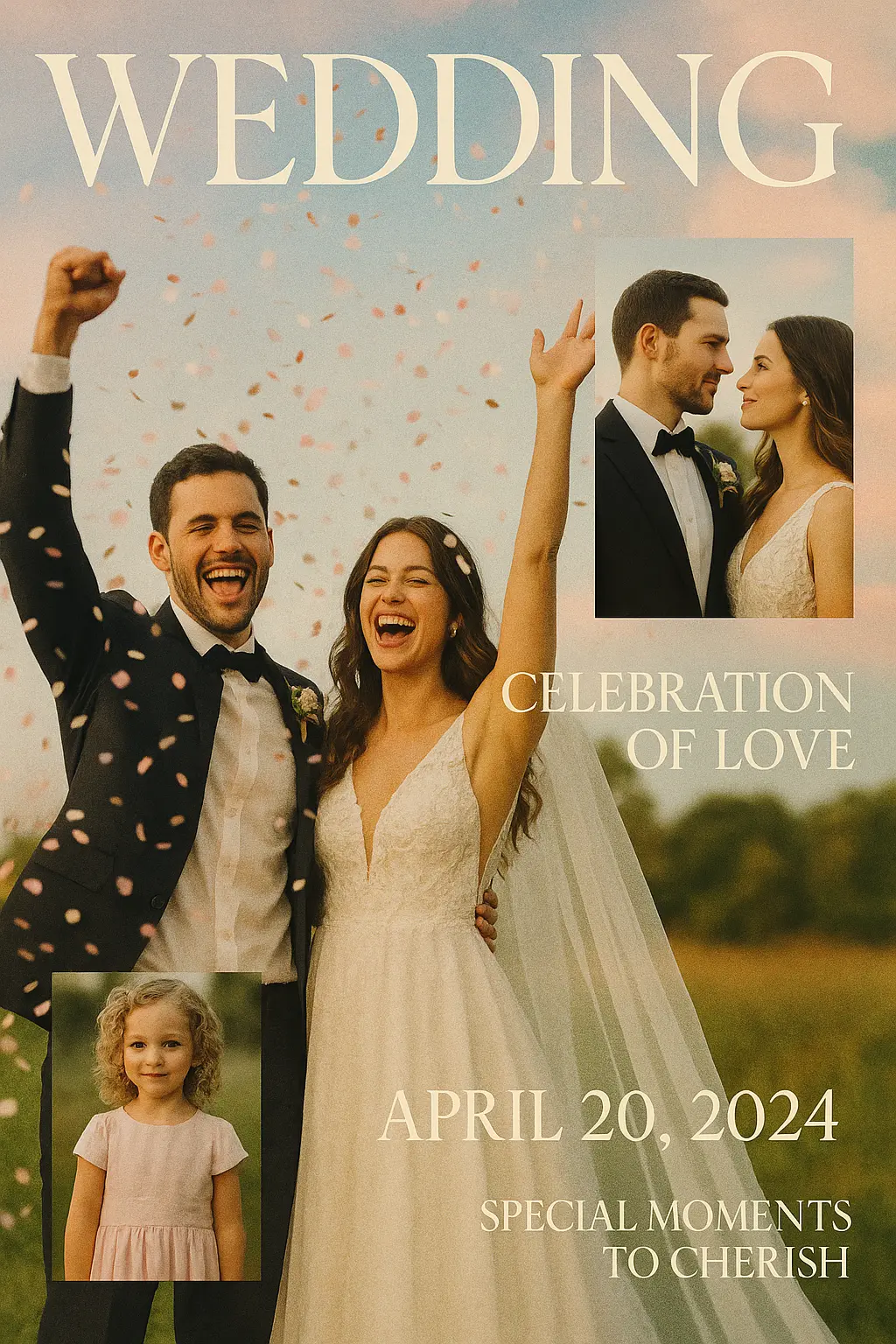 Cool Poster template featuring a wedding celebration with joyful couple and elegant typography.