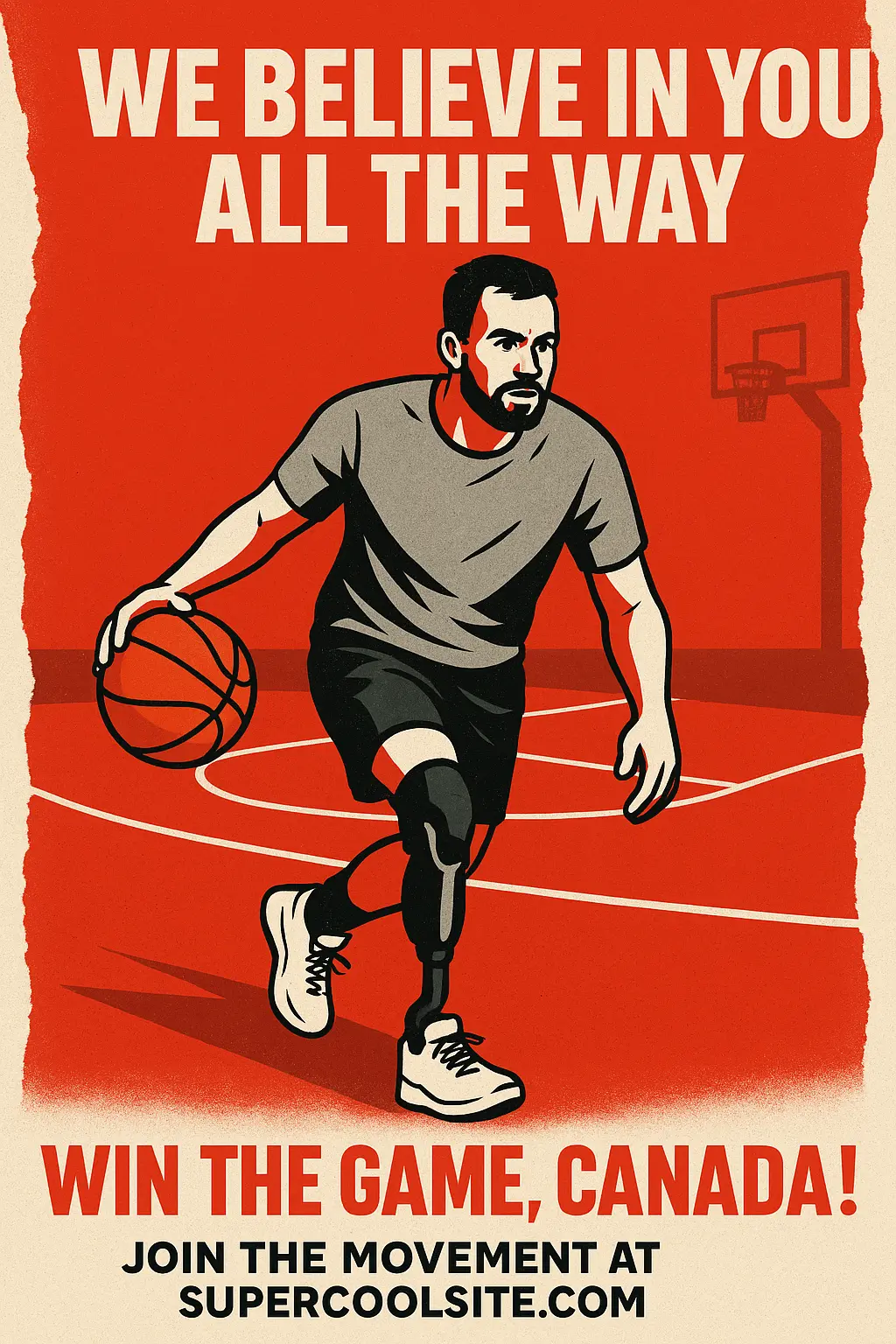 Cool Poster template featuring a man with a prosthetic leg playing basketball, bold typography
