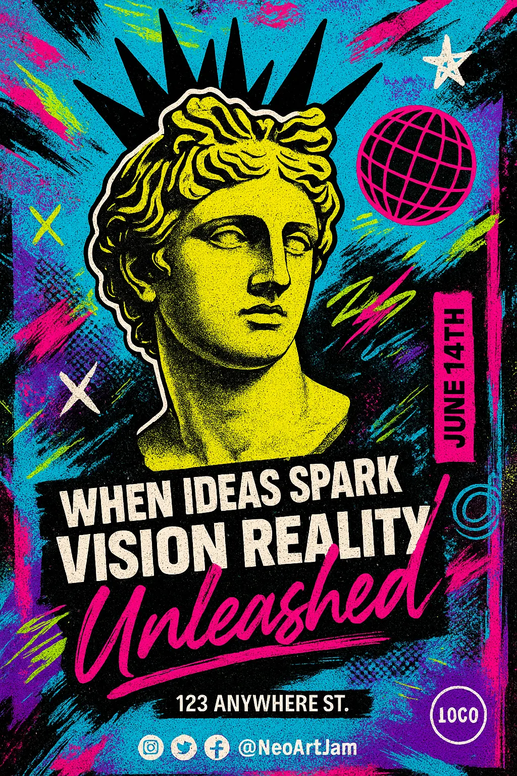 Cool Poster template with neon bust and glitch effects
