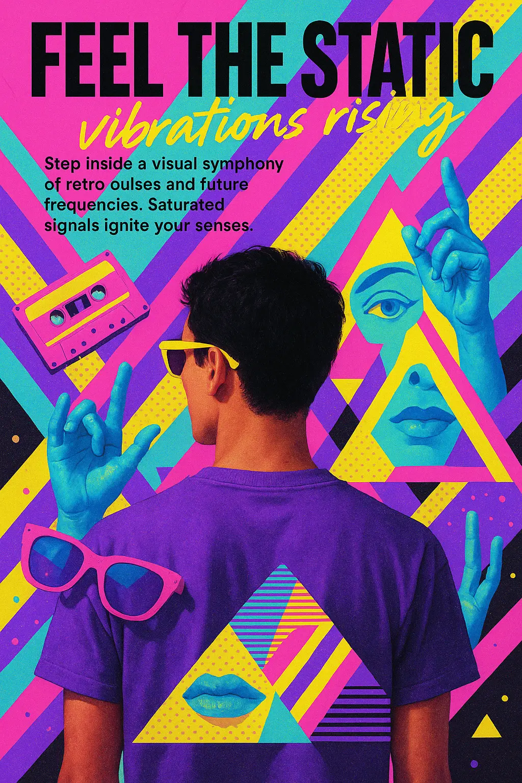Cool Poster template with retro sunglasses and neon collage