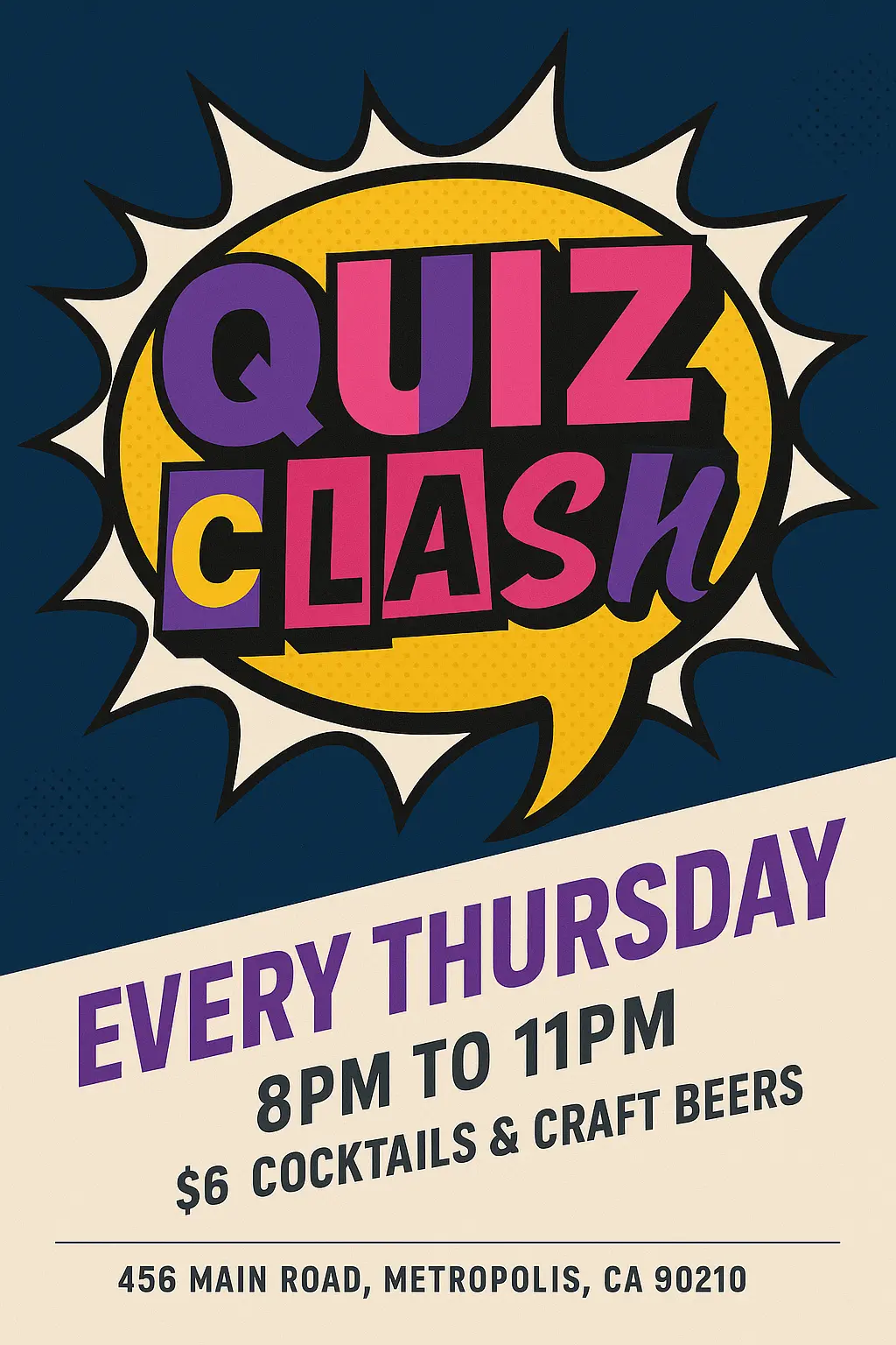 Cool Poster template featuring comic-style speech bubble and bold quiz event text