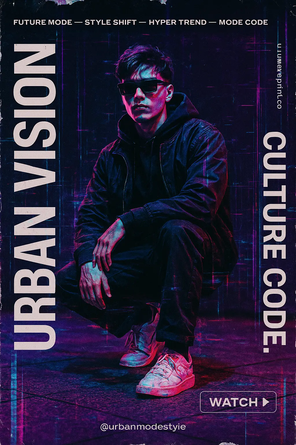 Cool Poster template with stylish man in glitch cyberpunk layout