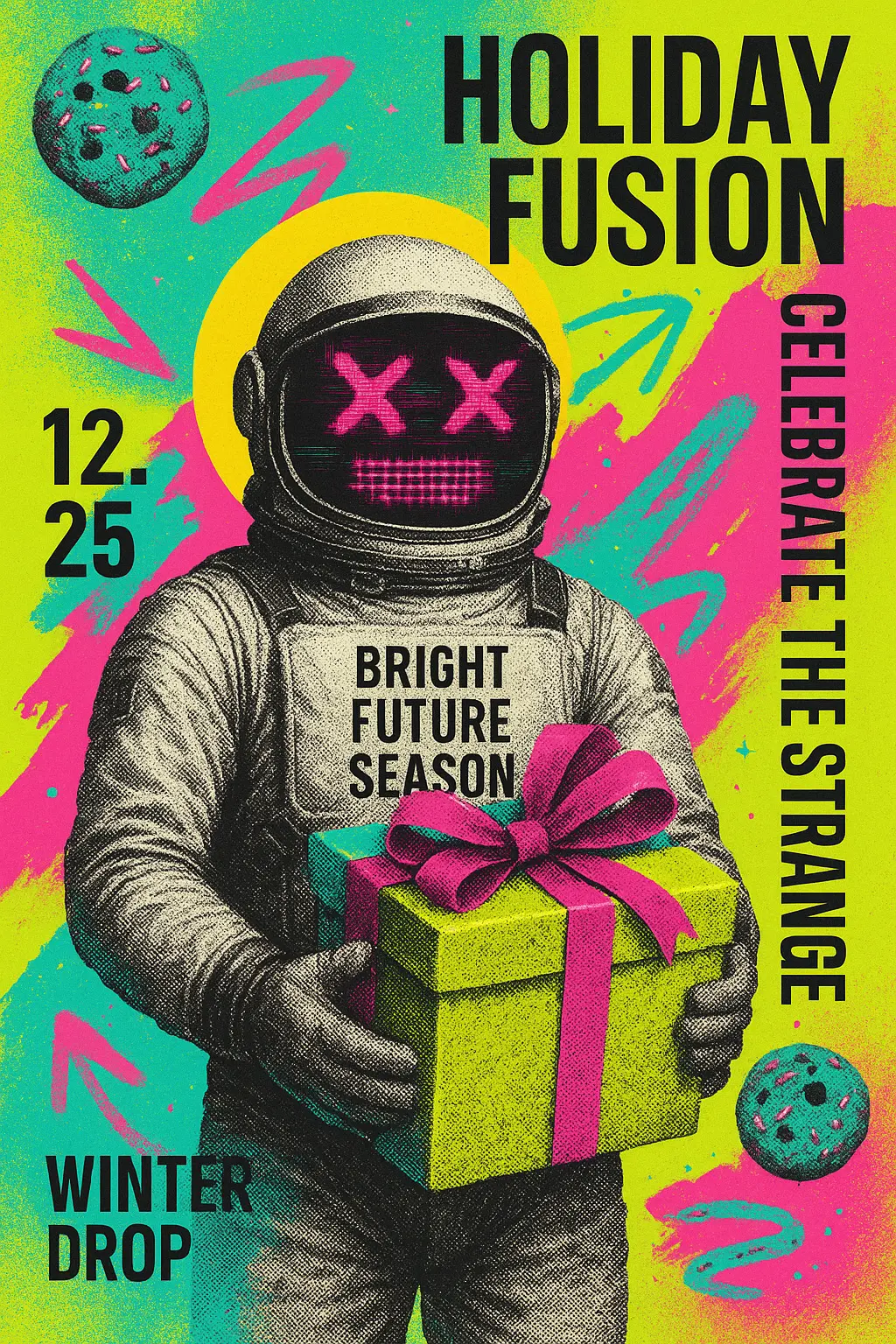 Cool Poster template with astronaut, neon collage, and glitch effects