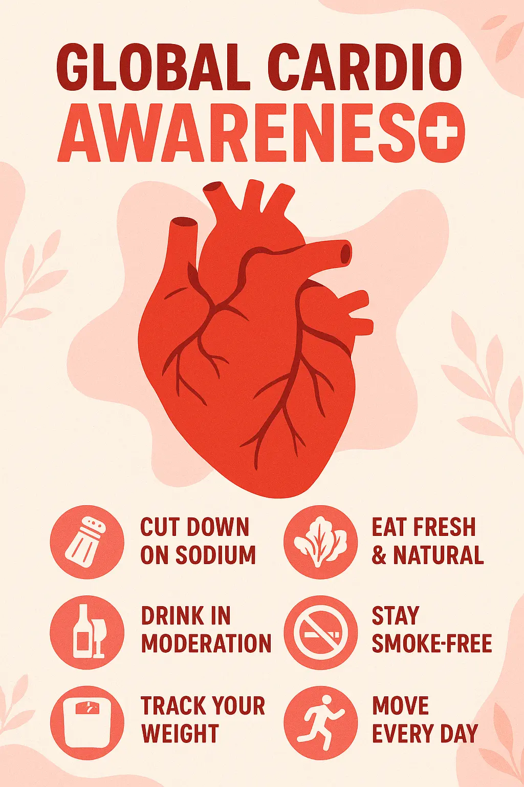 Cool Poster template promoting heart health with bold icons and tips