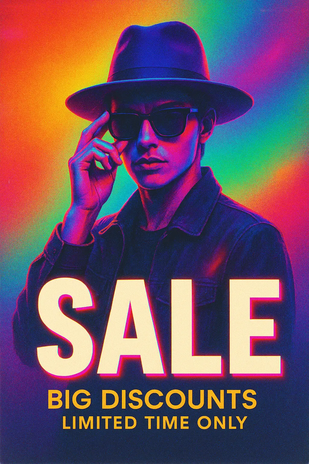 Cool Poster template with confident person, neon rainbow background, and bold sale text