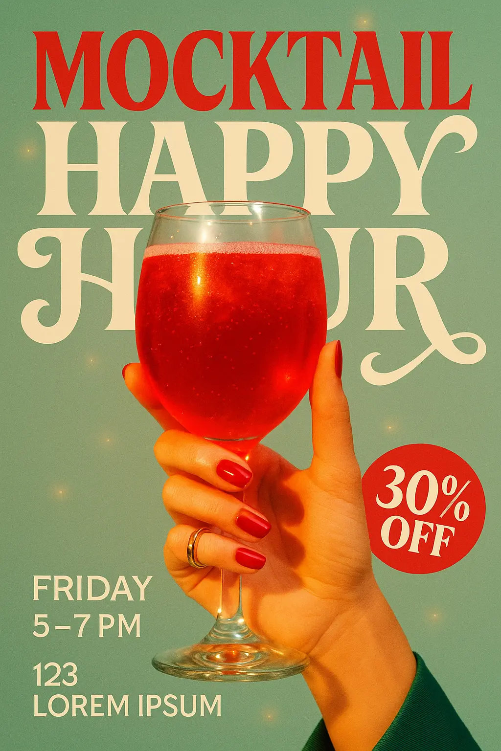 Cool Poster template showcasing a hand holding a wine glass with red drink