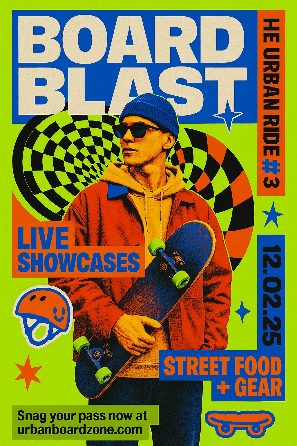 Cool Poster template with bold skater design and neon colors