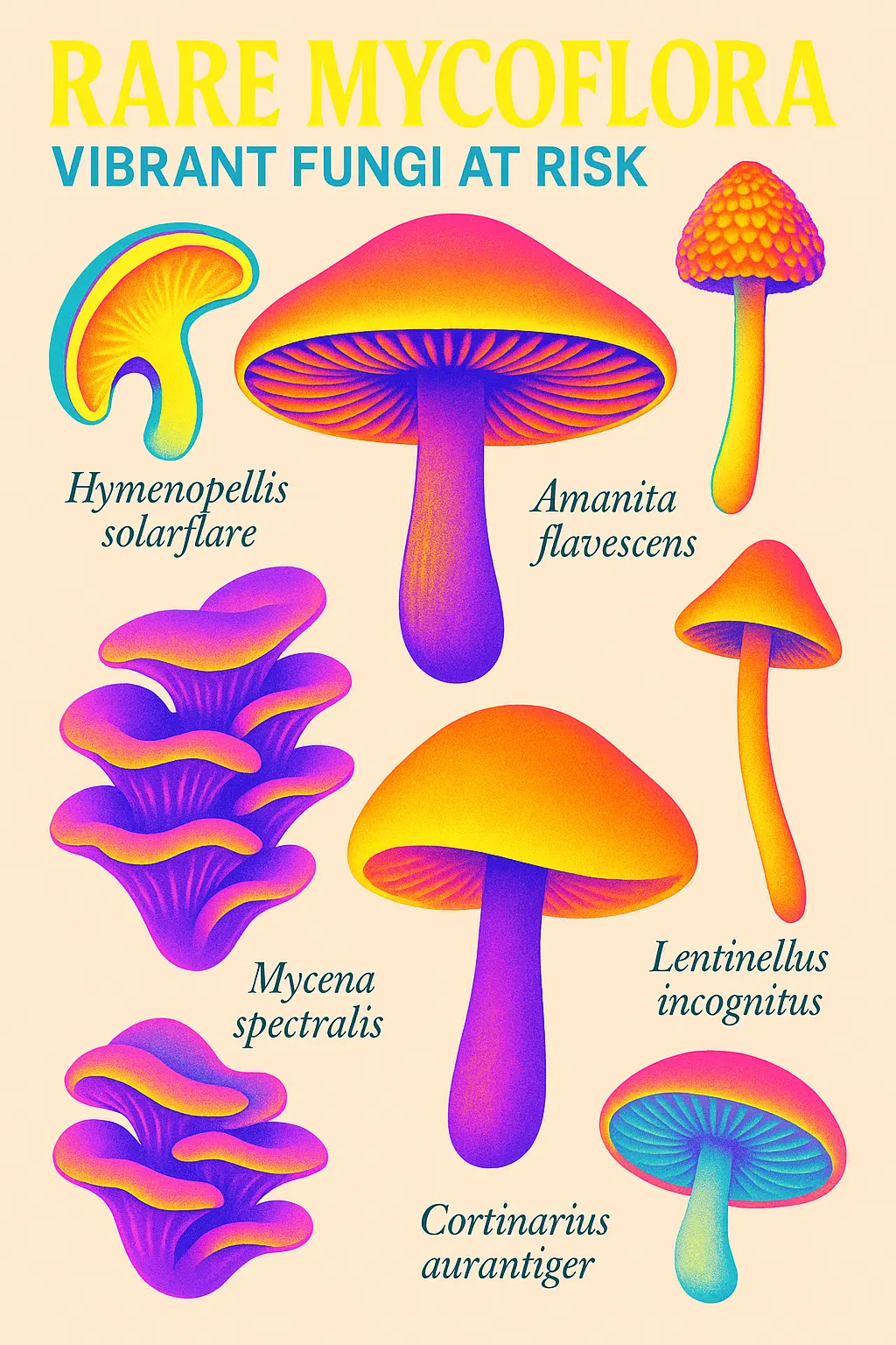 Cool Poster template of colorful endangered mushrooms in neon hues
