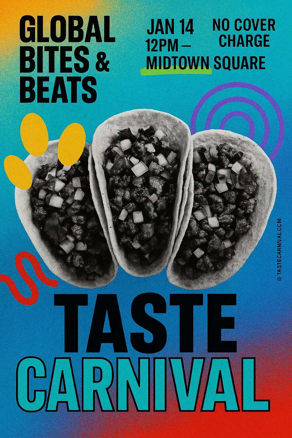 Cool Poster template with tacos, bold fonts, and neon accents