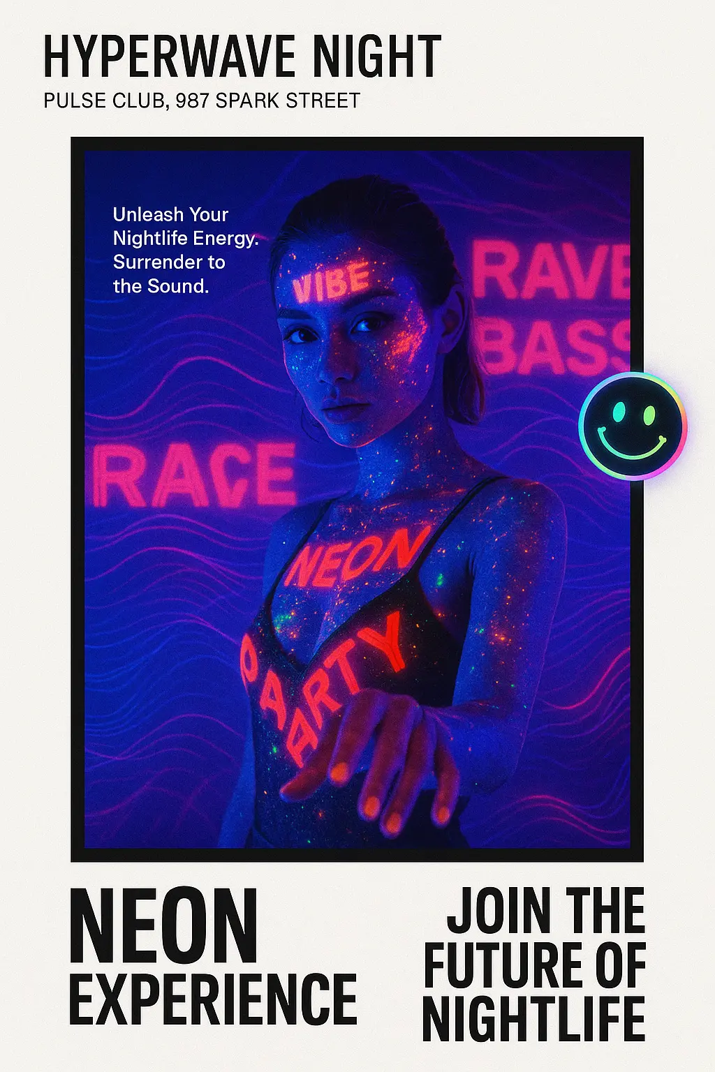 Cool Poster template with neon-lit woman at rave party