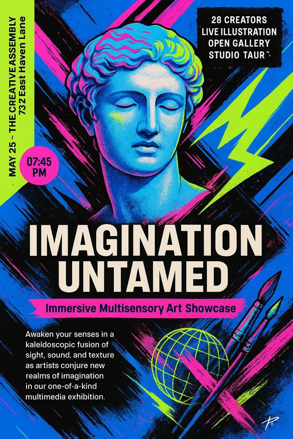 Cool Poster template featuring neon collage with classical statue bust