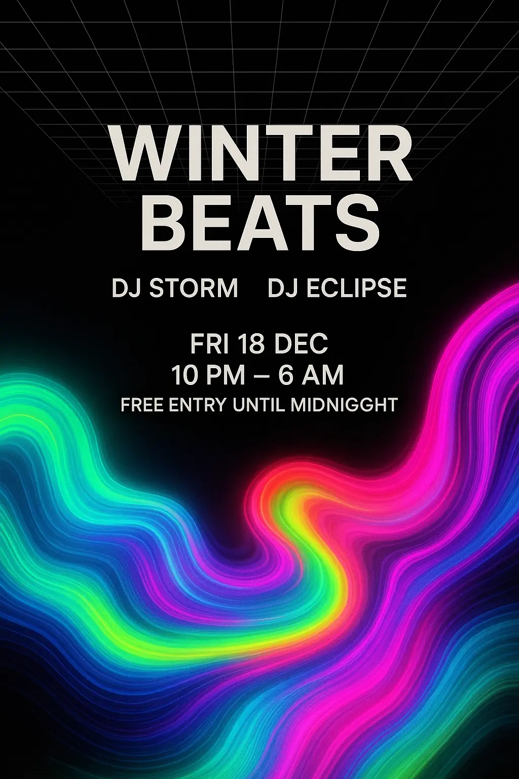 Cool Poster template with vibrant neon gradients and wireframe grid