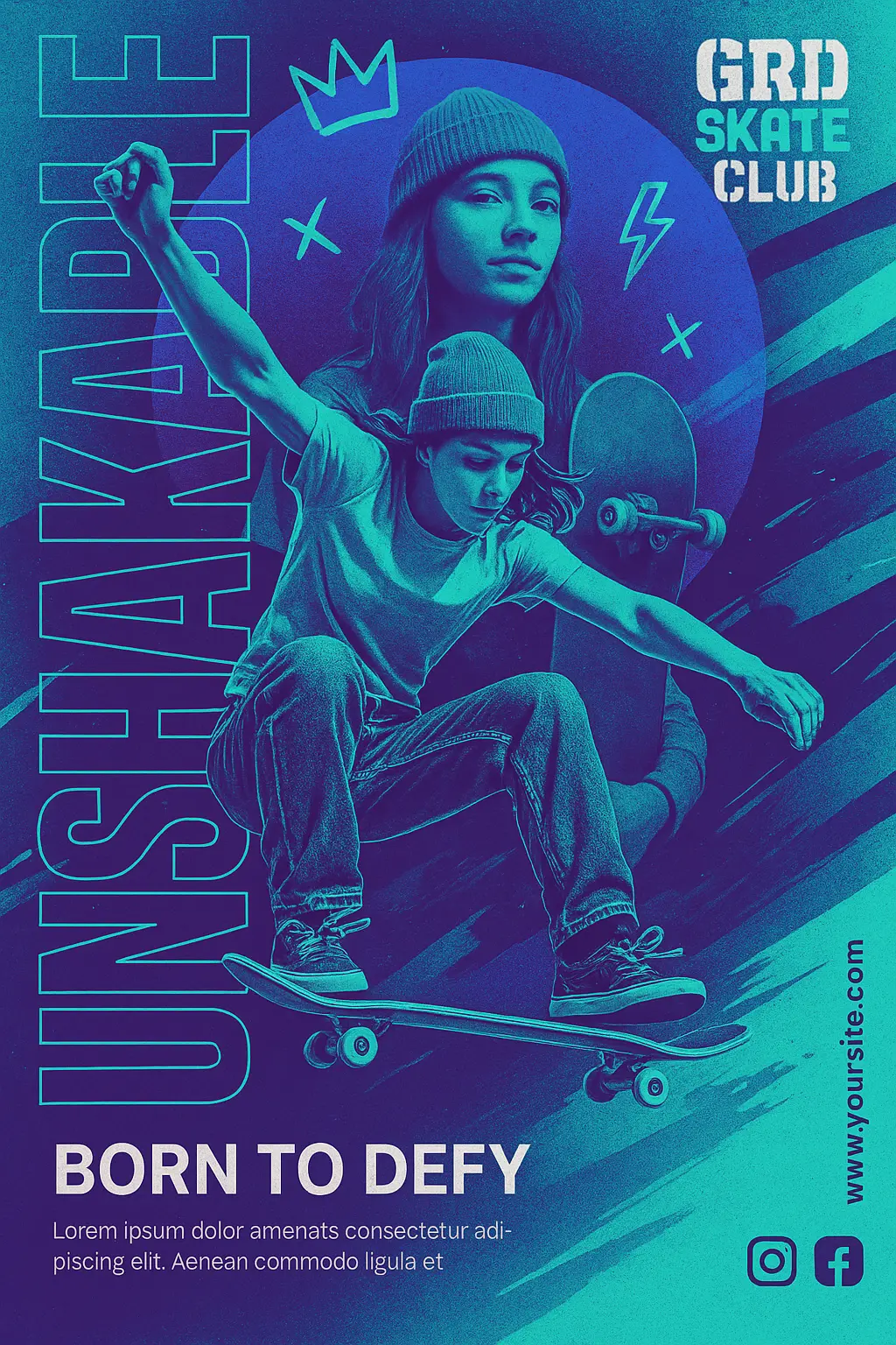 Cool Poster template with vibrant skateboarder collage
