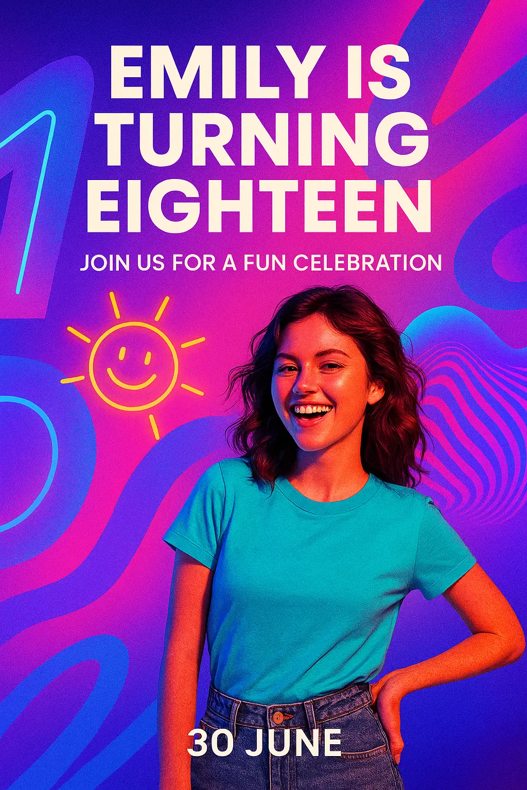 Cool Poster template with a young woman smiling, vibrant gradient background