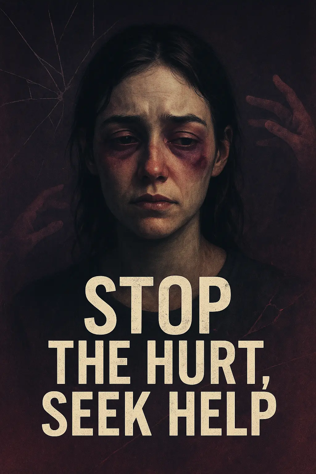 Domestic Violence Poster template featuring a woman covering her face, with symbolic handprint and bold text.