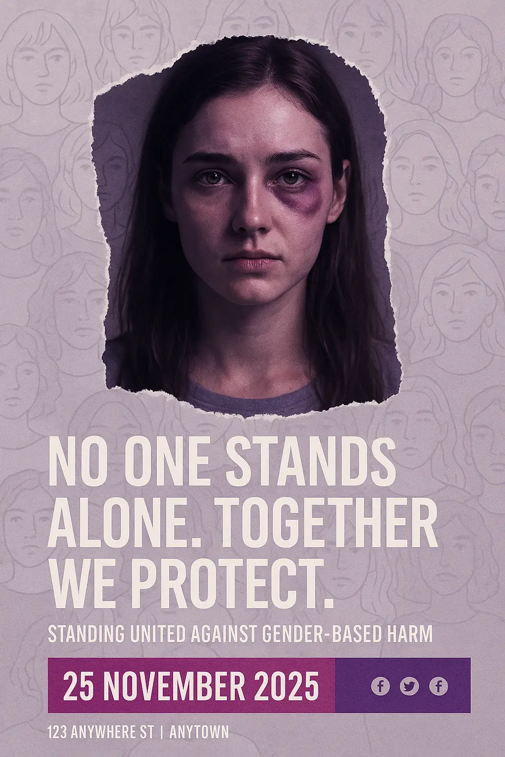 Domestic Violence Poster template with faceless woman shielding herself