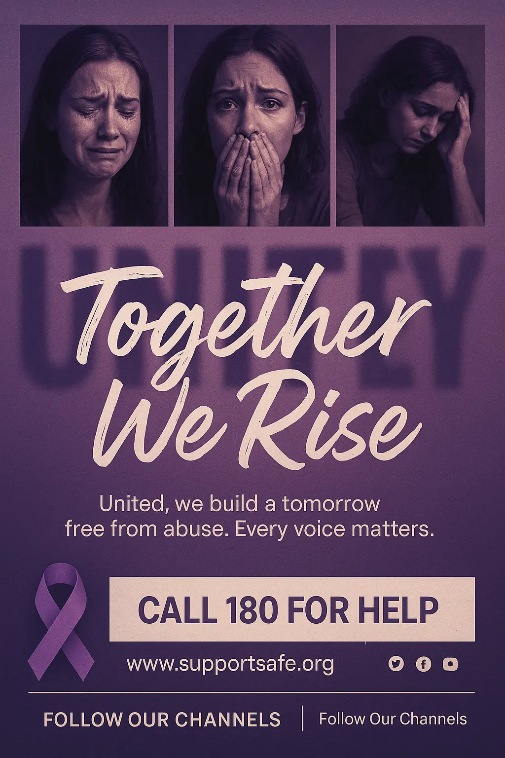 Domestic Violence Poster template featuring a woman in a defensive gesture with bold typography.
