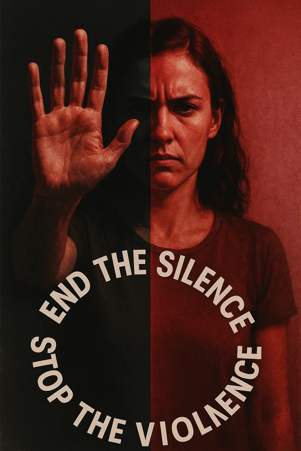 Domestic Violence Poster template featuring a defiant woman and a stop gesture