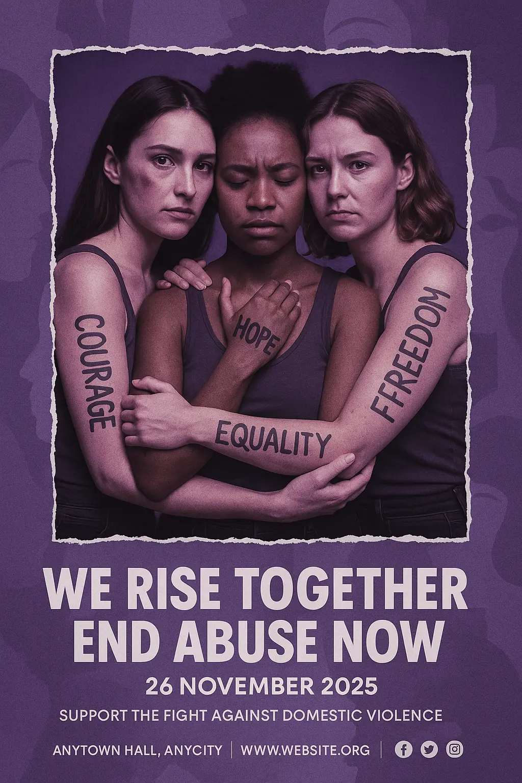 Domestic Violence Poster template featuring a woman with her mouth covered, in a minimalist design
