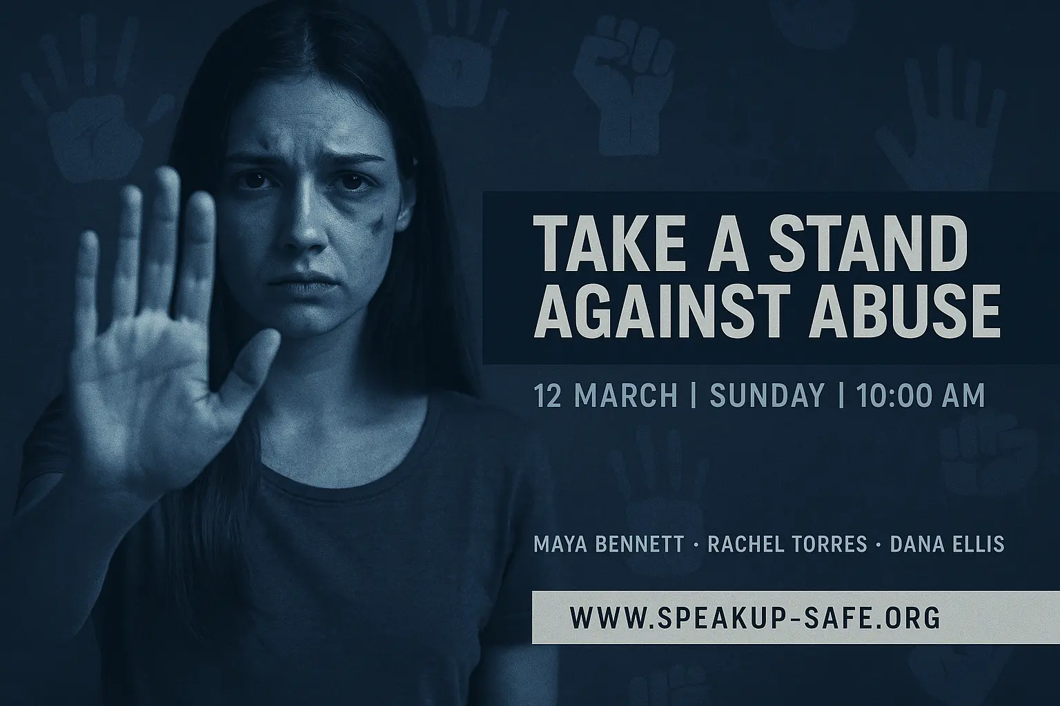 Domestic Violence Poster template with woman blocking camera in protest