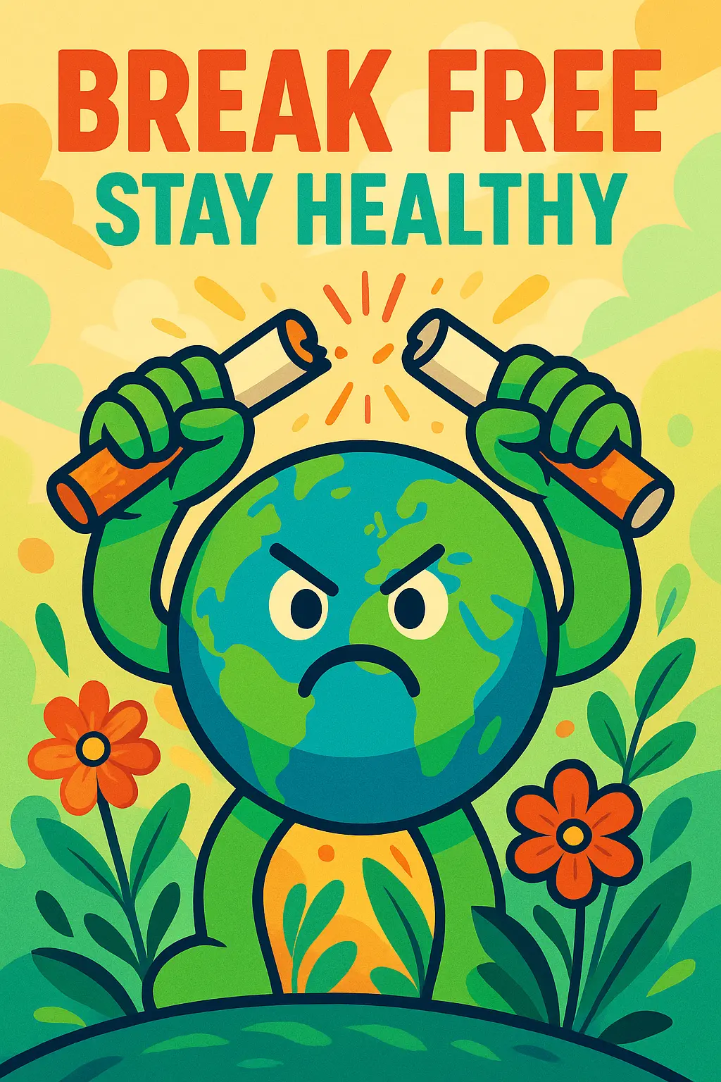 Drug-Free Poster template featuring a bold slogan and Earth mascot breaking cigarette butts.