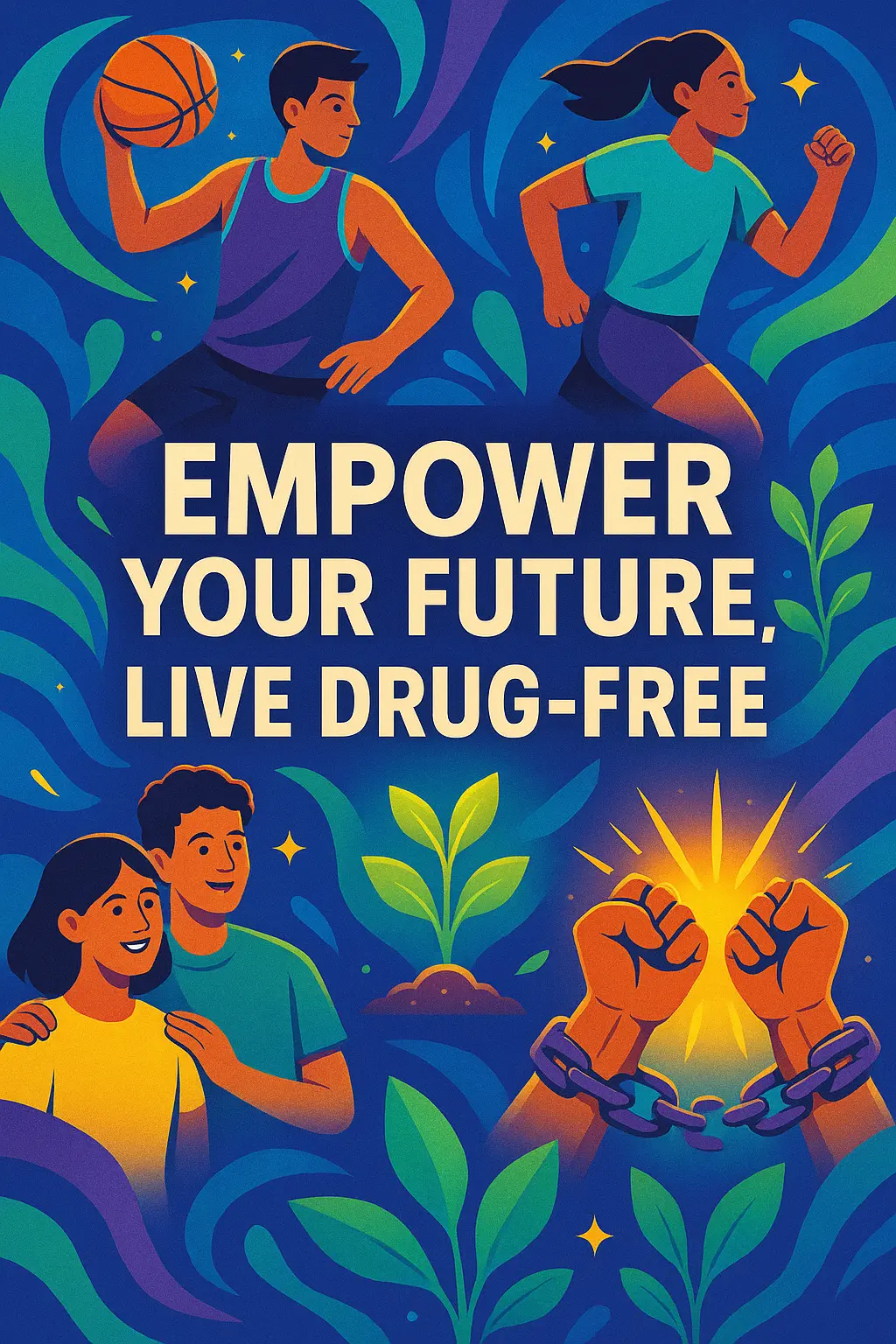 Empower Your Future, Live Drug-Free Poster template with diverse youth and uplifting symbols
