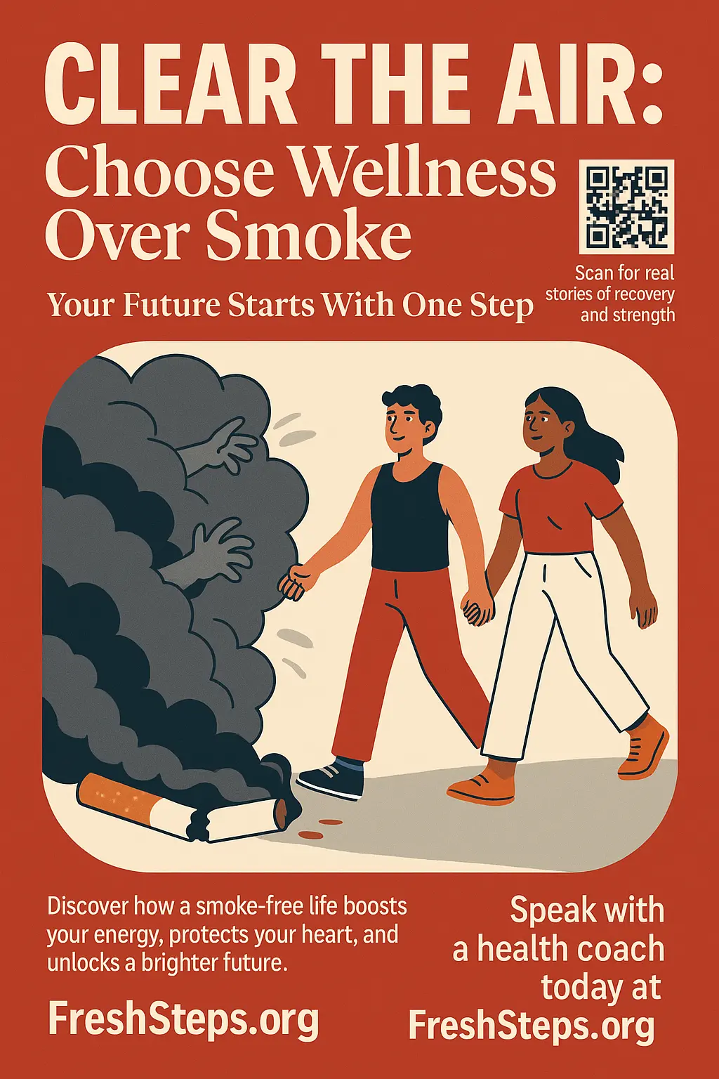 Drug-Free Poster template showing youth escaping smoke with hopeful slogan
