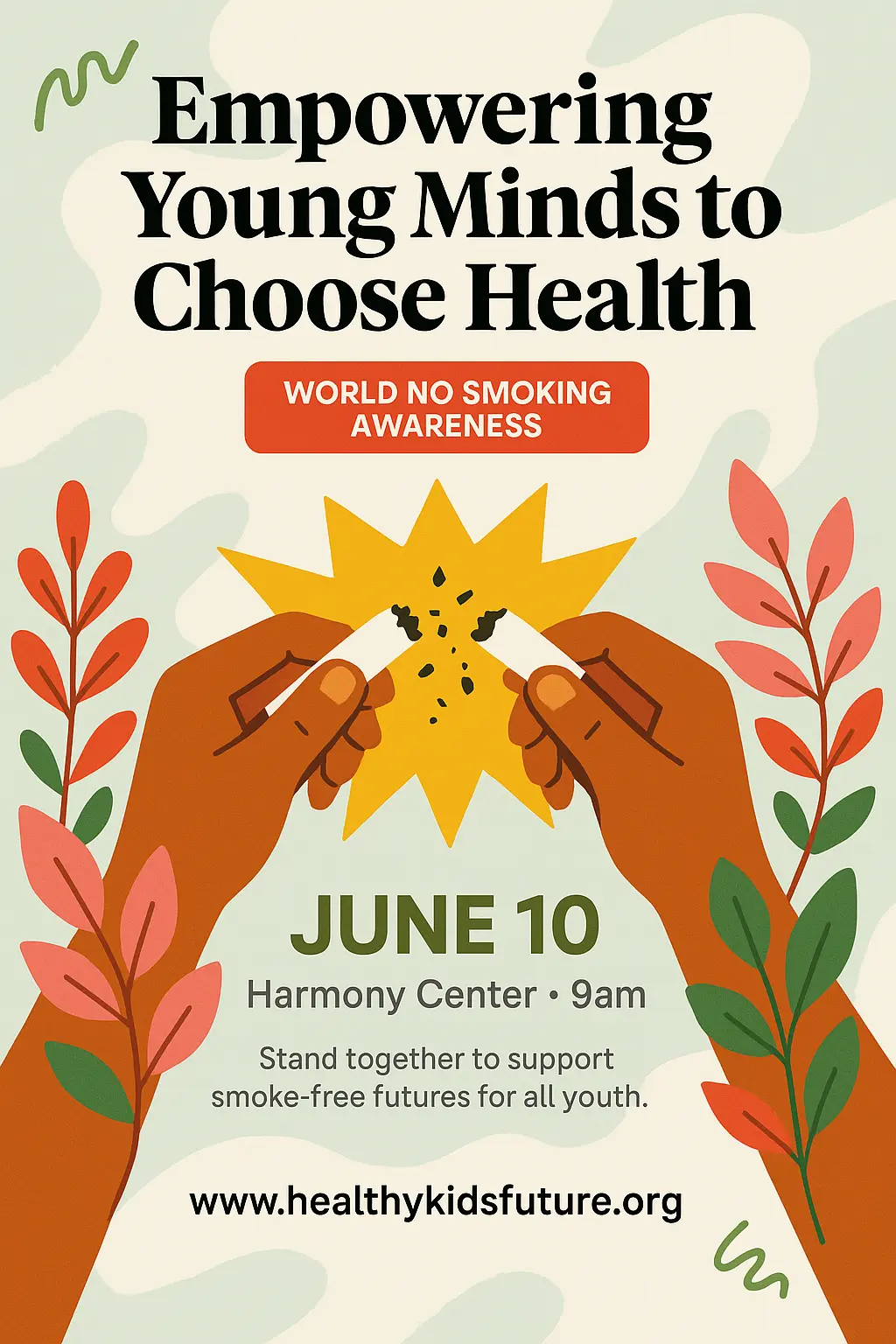 Drug-Free Poster template showing hands breaking cigarettes with bold slogan