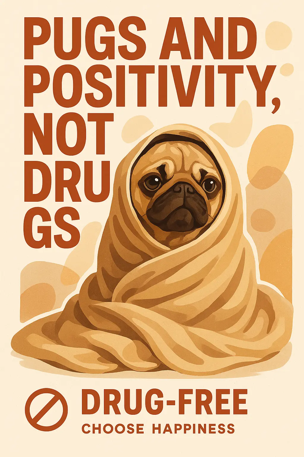 Drug-Free Poster template featuring a pug with the slogan 'Pugs and Positivity, Not Drugs'.
