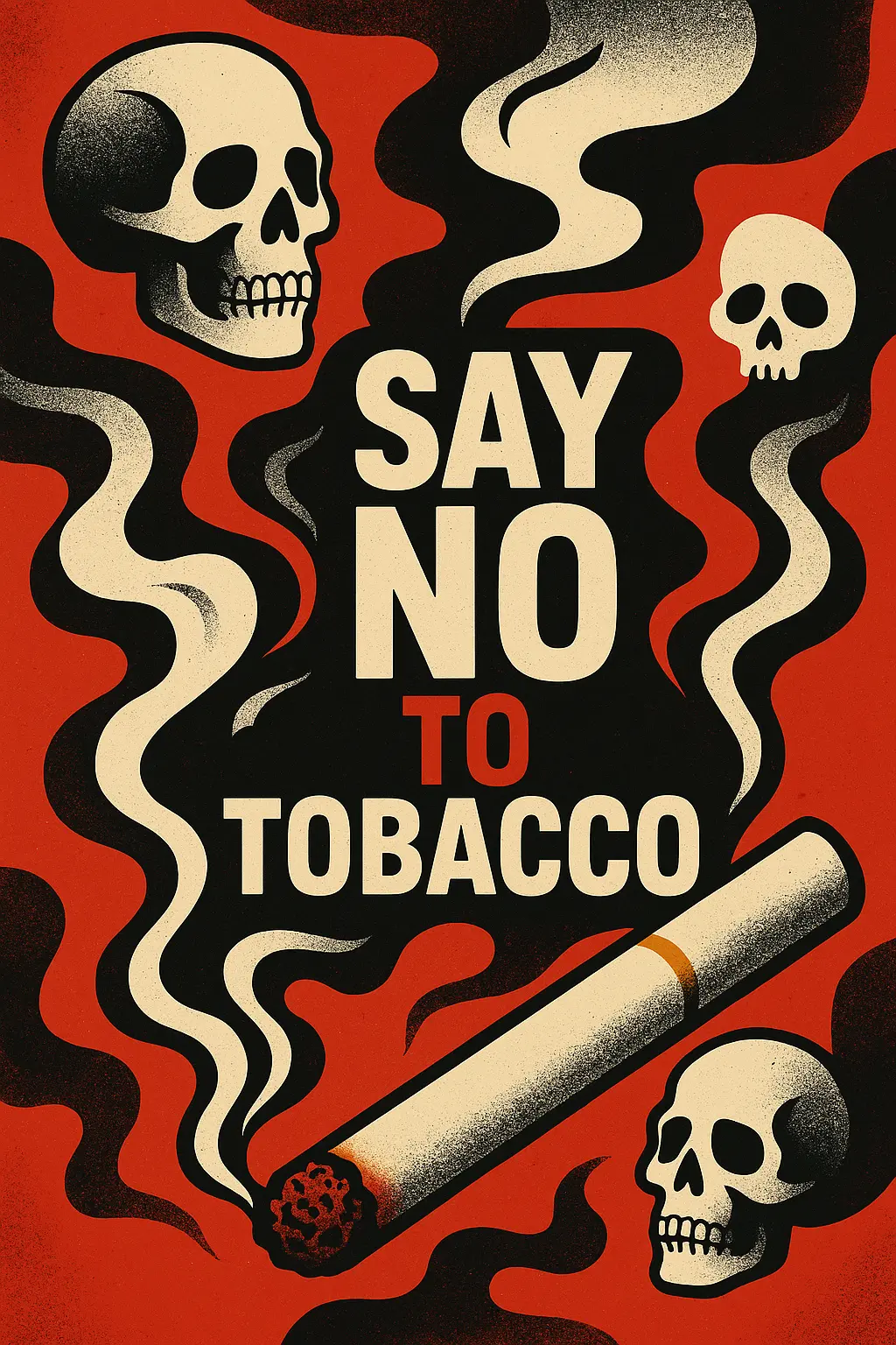 Drug-Free Poster template with bold 'Say No to Tobacco' text, skulls, smoke, and a cigarette