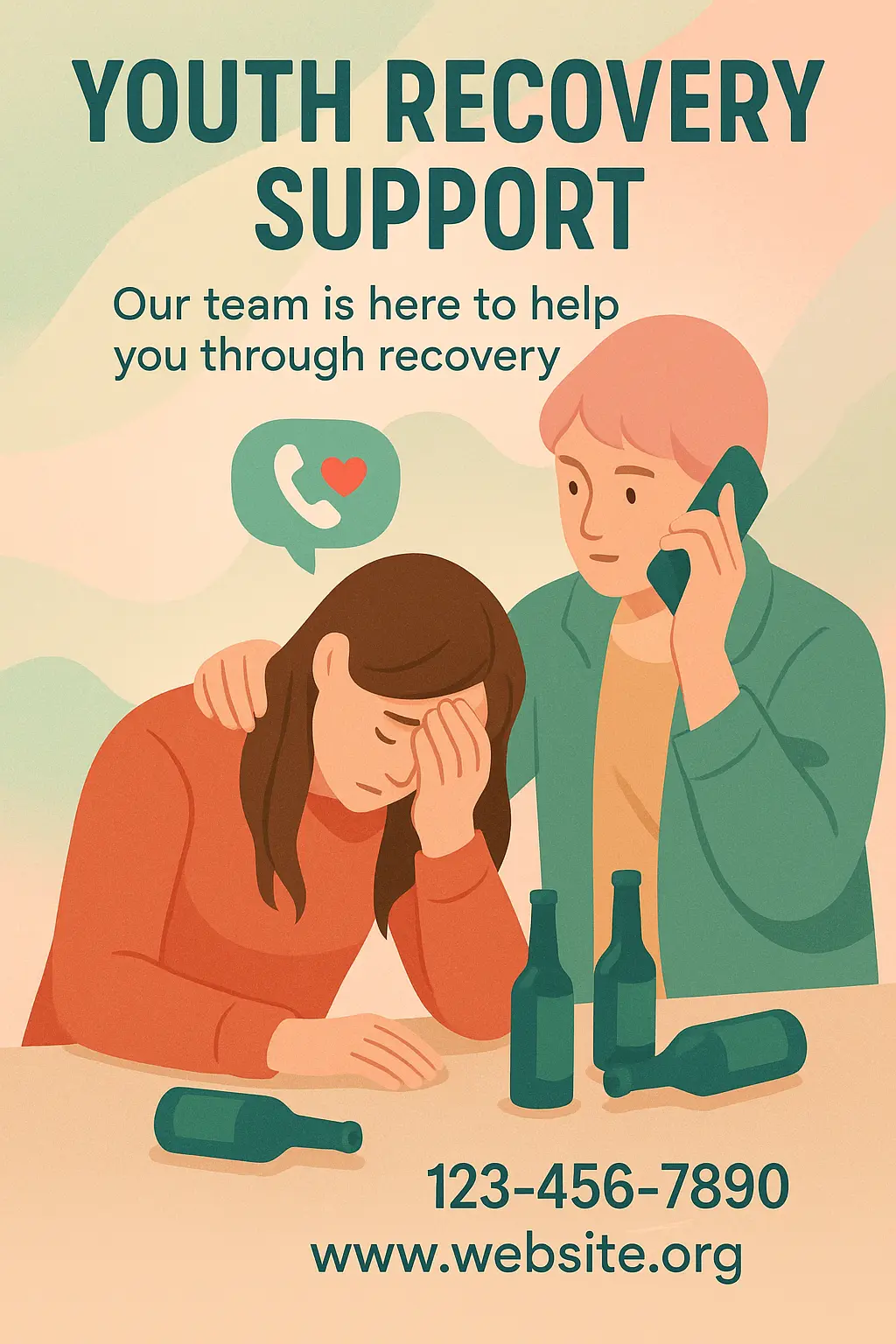 Drug-Free Poster template promoting youth recovery support with comforting figures and helpline details.