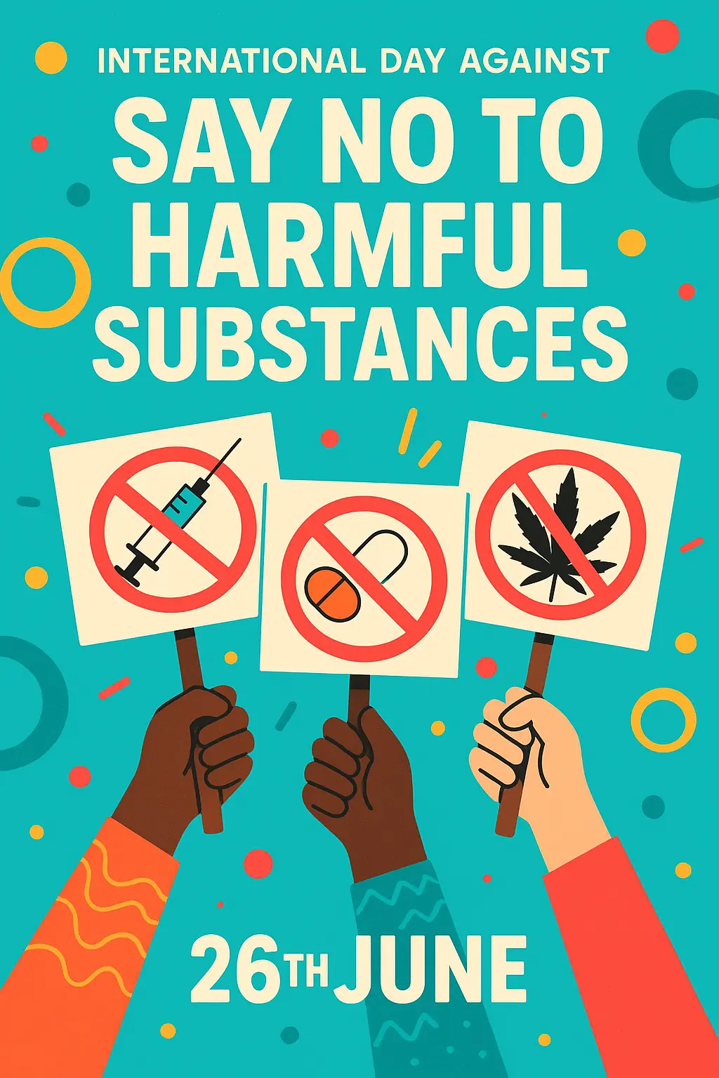 Drug-Free Poster template with 'Say No to Harmful Substances' slogan and anti-drug symbols
