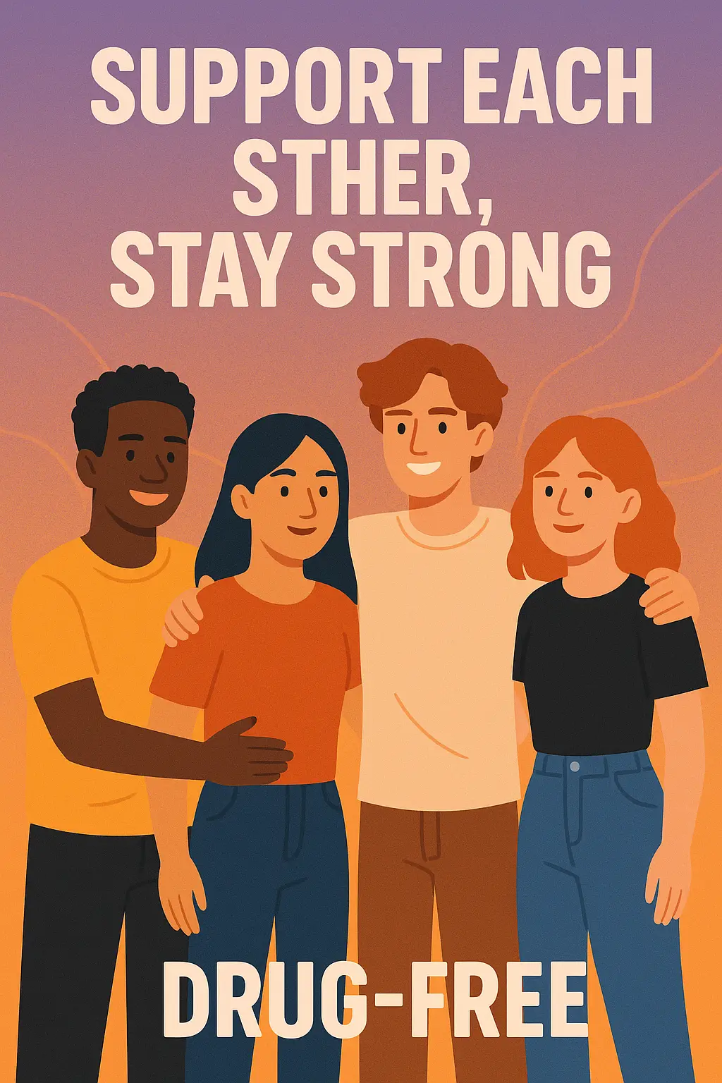 Drug-Free Poster template with diverse group embracing, positive message.