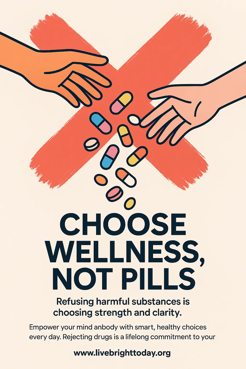 Drug-Free Poster template with hands rejecting pills and bold red X
