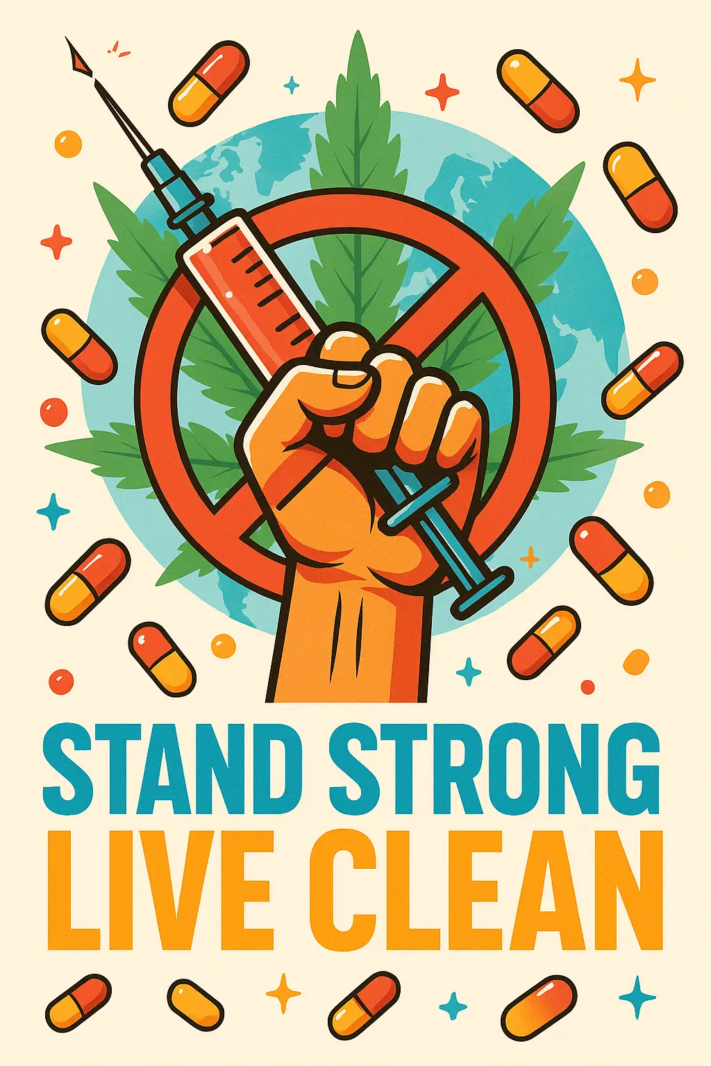 Empowering Drug-Free Poster template with clenched fist and syringe ban