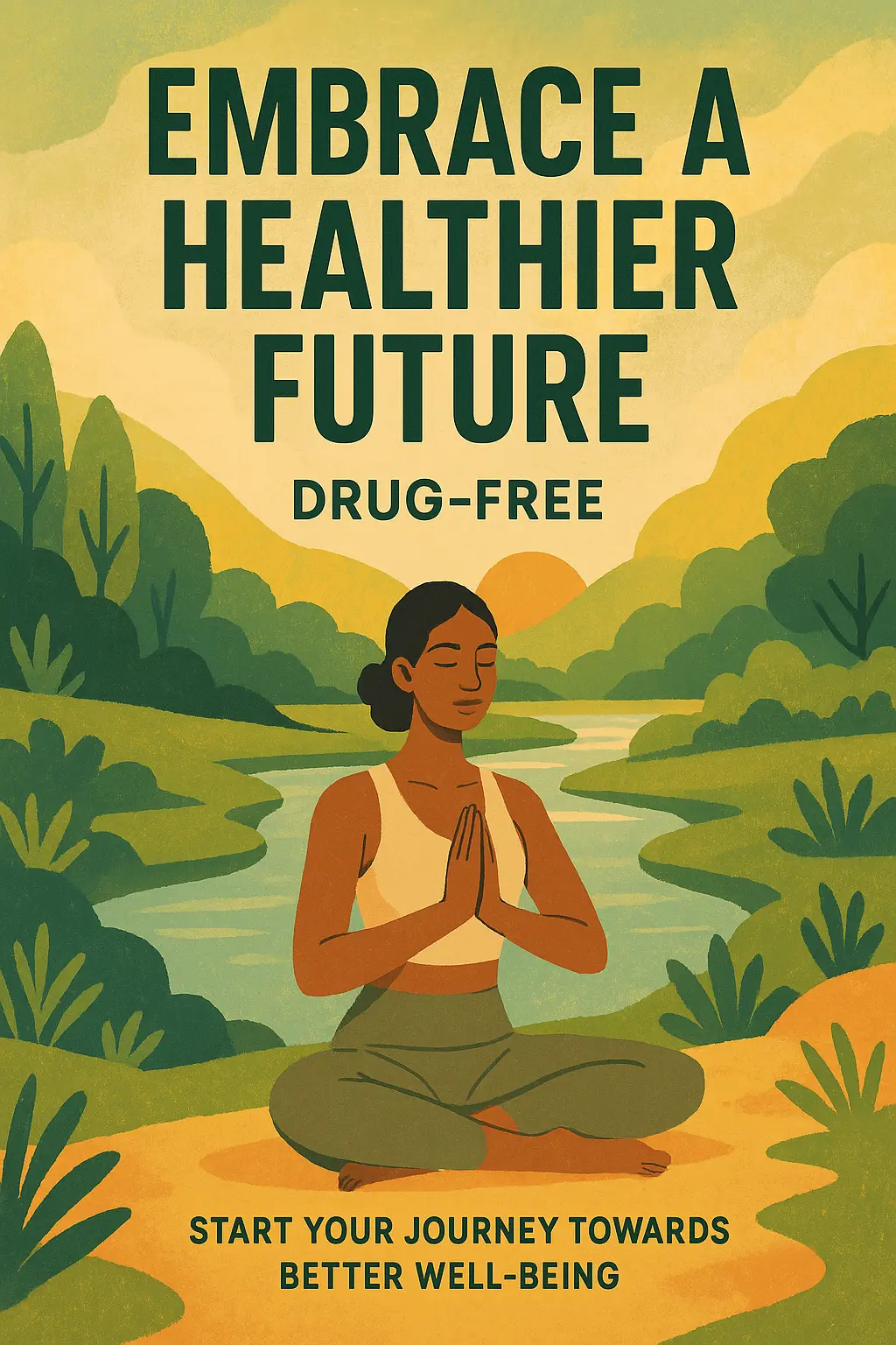 Drug-Free Poster template featuring peaceful mindfulness imagery and empowering message.
