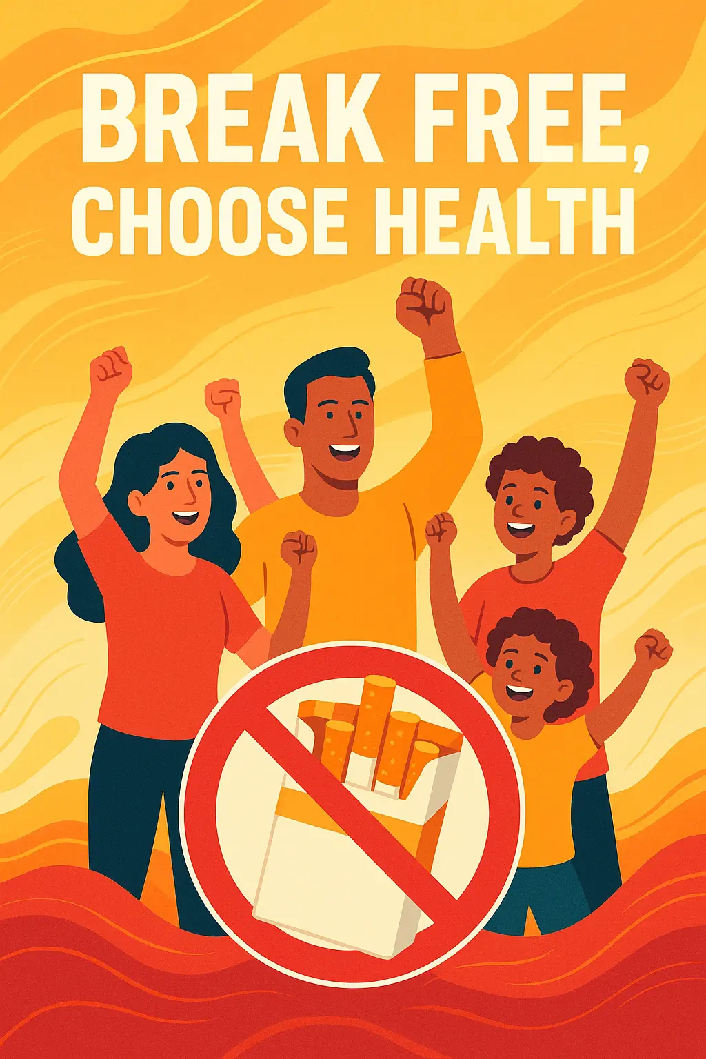 Drug-Free Poster template featuring diverse group celebrating with anti-tobacco message