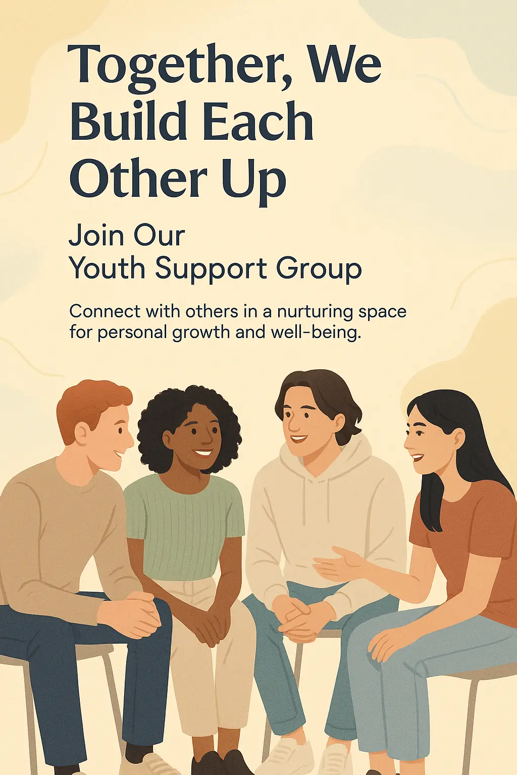 Drug-Free Poster template showcasing a youth support group discussion with calming colors.