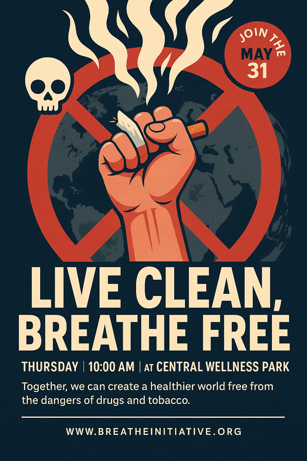 Drug-Free Poster template with hand breaking cigarette and bold slogan