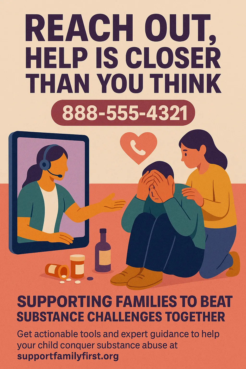 Drug-Free Poster template showing family support and helpline contact.