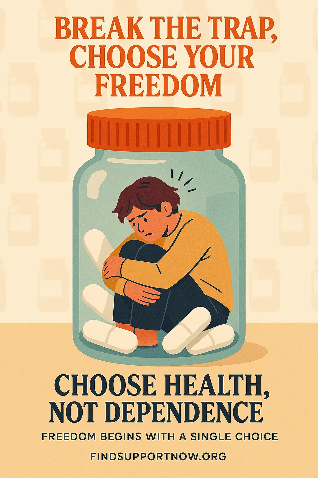 Drug-Free Poster template with trapped figure in pill bottle