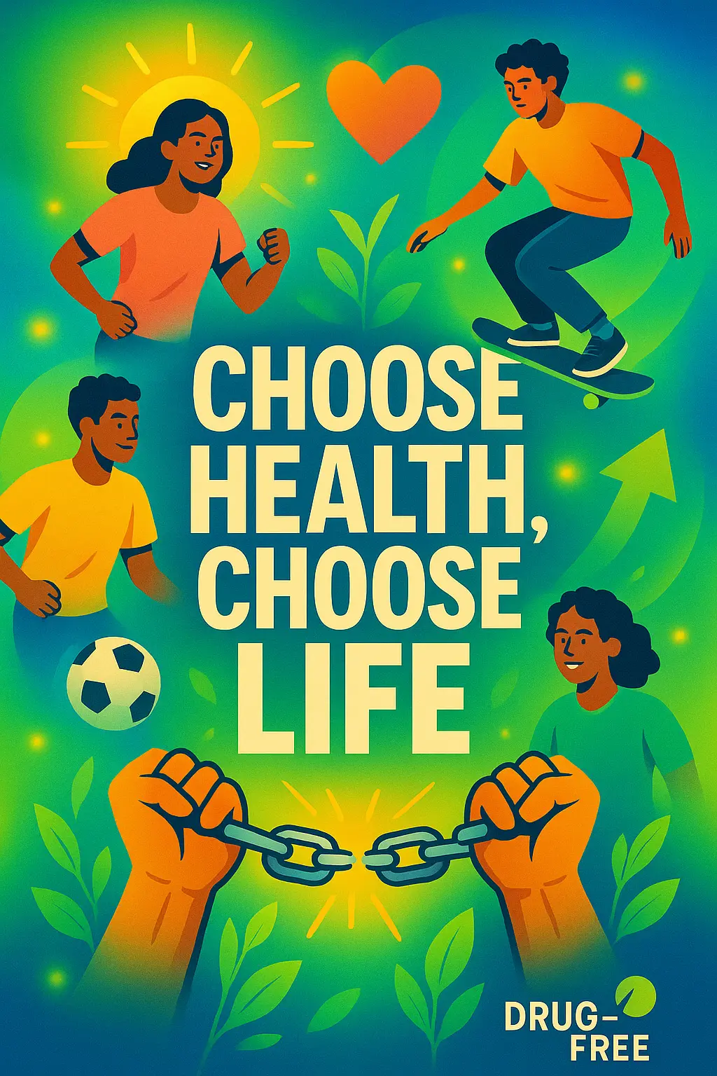 Drug-Free Poster template with vibrant youth, sports, and empowering symbols