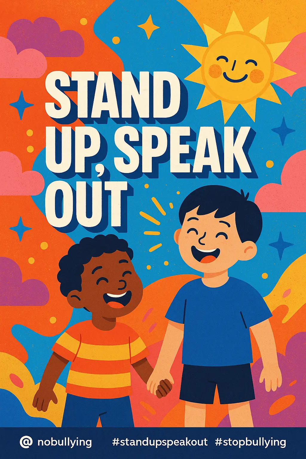 Anti-bullying poster template with two kids smiling and colorful abstract shapes
